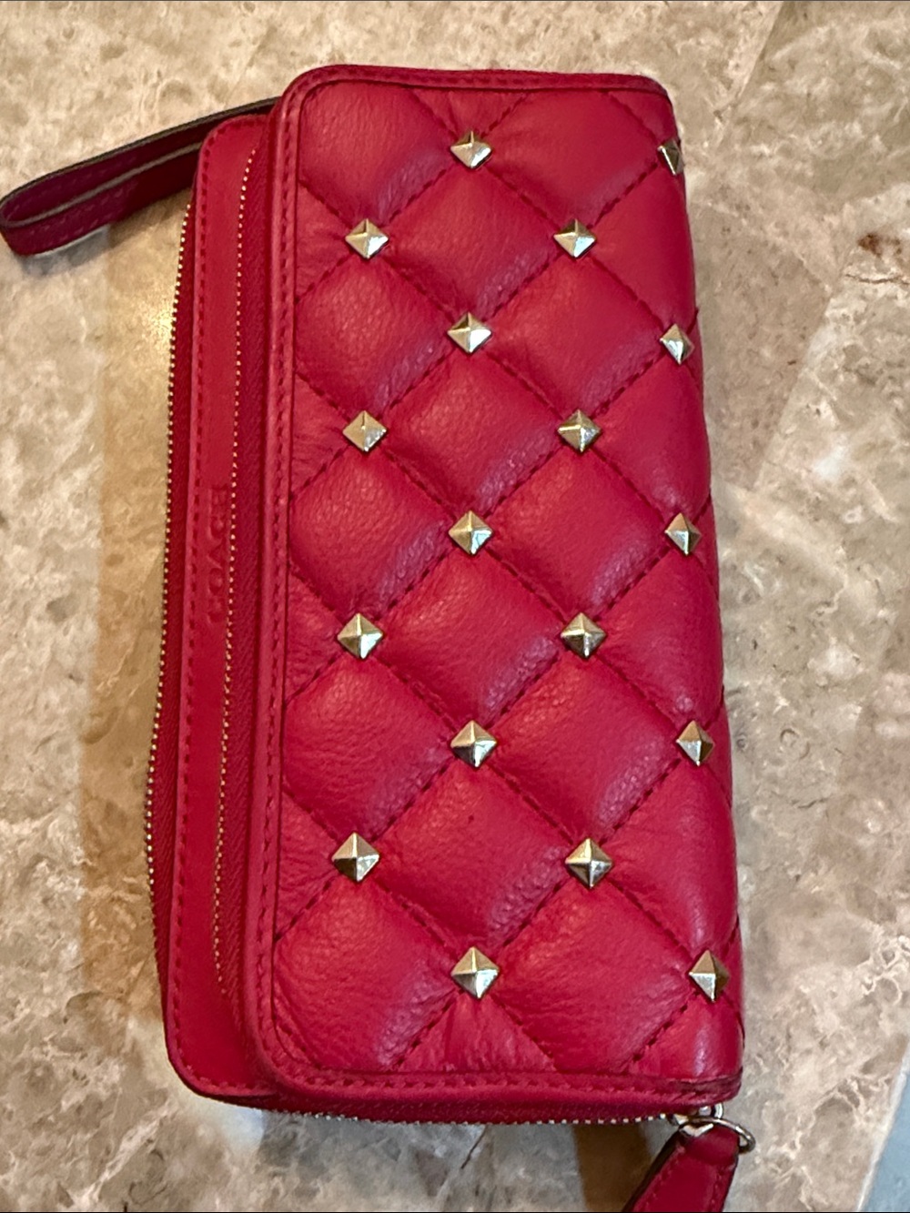 Coach Studded Quilted Double Zip AccordionClutch Wristlet color Berry - Picture 14 of 16